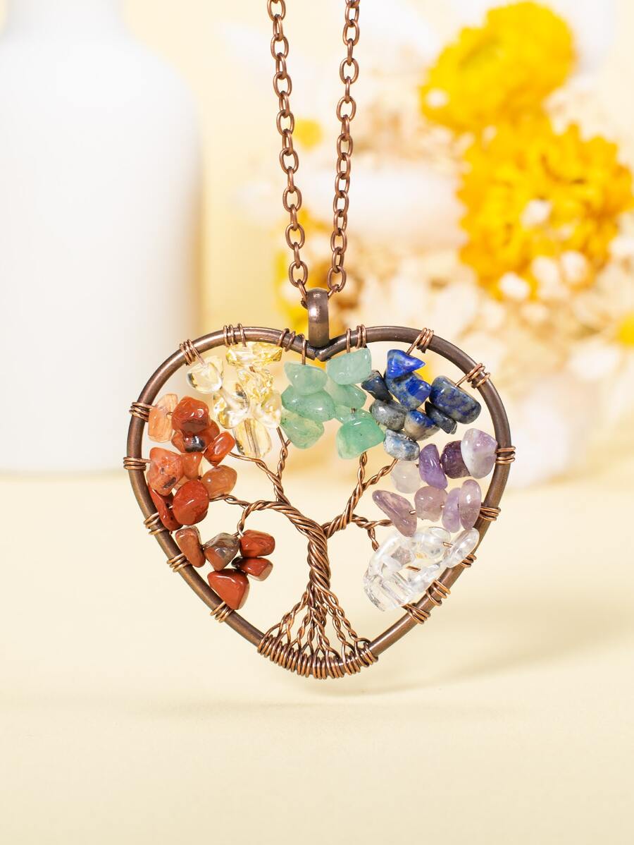 Natural Crystal Tree Pendant Necklace - Multicolor - View 1