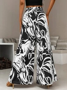SHEIN Holidaya All Over Graphic Print Wide Leg Trousers - Black and White - View 2