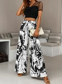 SHEIN Holidaya All Over Graphic Print Wide Leg Trousers - Black and White - View 3