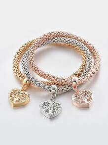 3pcs Tree Detail Heart Charm Bracelet - Multicolor - View 1
