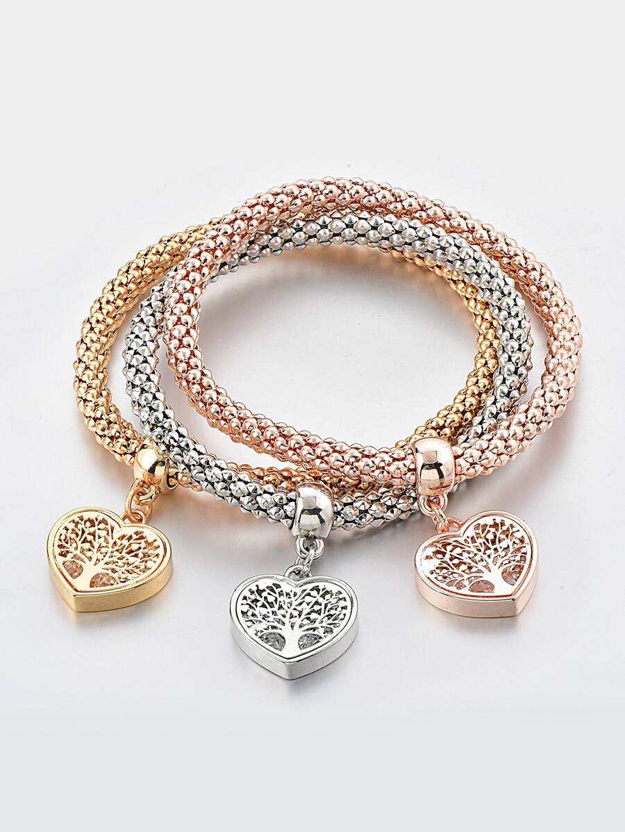 3pcs Tree Detail Heart Charm Bracelet - Multicolor - View 1