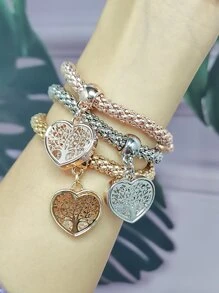 3pcs Tree Detail Heart Charm Bracelet - Multicolor - View 2