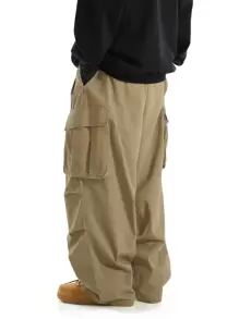 Chillumni Men Flap Pocket Side Drawstring Waist Cargo Trousers - Khaki - View 2