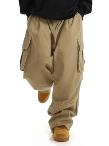 Chillumni Men Flap Pocket Side Drawstring Waist Cargo Trousers - Khaki - View 3