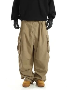 Chillumni Men Flap Pocket Side Drawstring Waist Cargo Trousers - Khaki - View 4