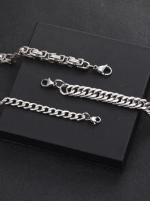 3pcs Men Minimalist Chain Bracelet, Stainless Steel Jewelry - Silver - View 2