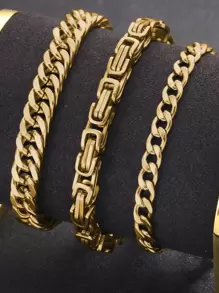 3入組男士極簡手鏈,不銹鋼首飾類 - 金黃色 - 查看 1