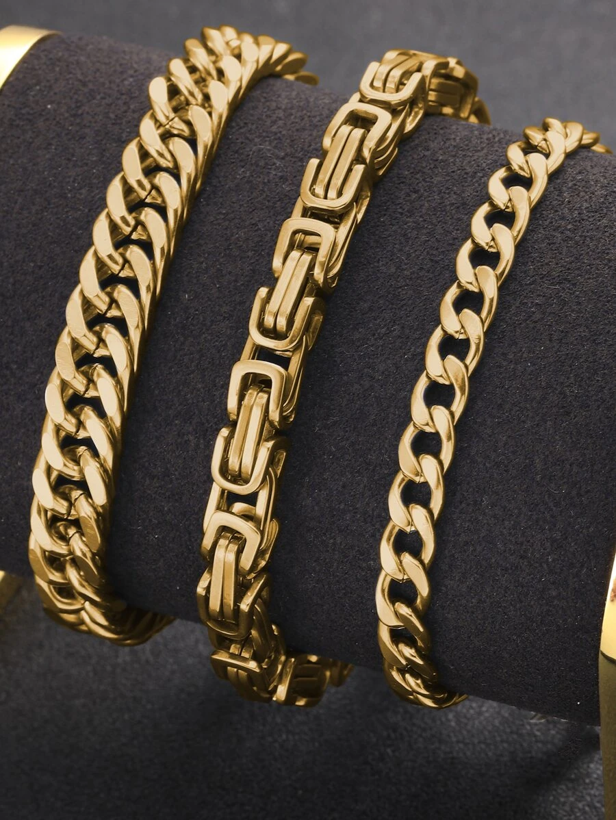 3入組男士極簡手鏈,不銹鋼首飾類 - 金黃色 - 查看 1