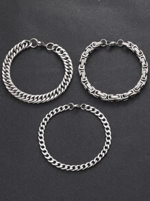 3pcs Men Minimalist Chain Bracelet, Stainless Steel Jewelry - Silver - View 4