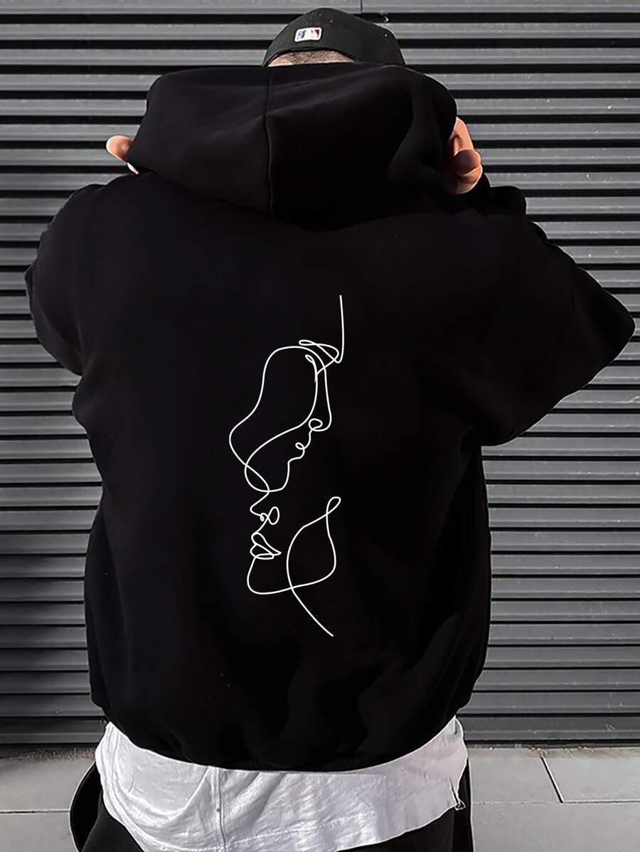 Manfinity Homme 男士人像圖案抽繩連帽衫 - 黑色 - 查看 1