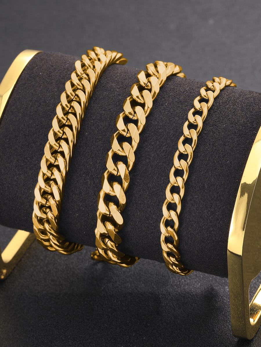 3入組男士極簡手鏈,不銹鋼首飾類 - 金黃色 - 查看 1