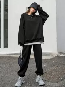 DAZY Letter Graphic Drop Shoulder Sweatshirt & Joggers Without Tee - Black - View 1