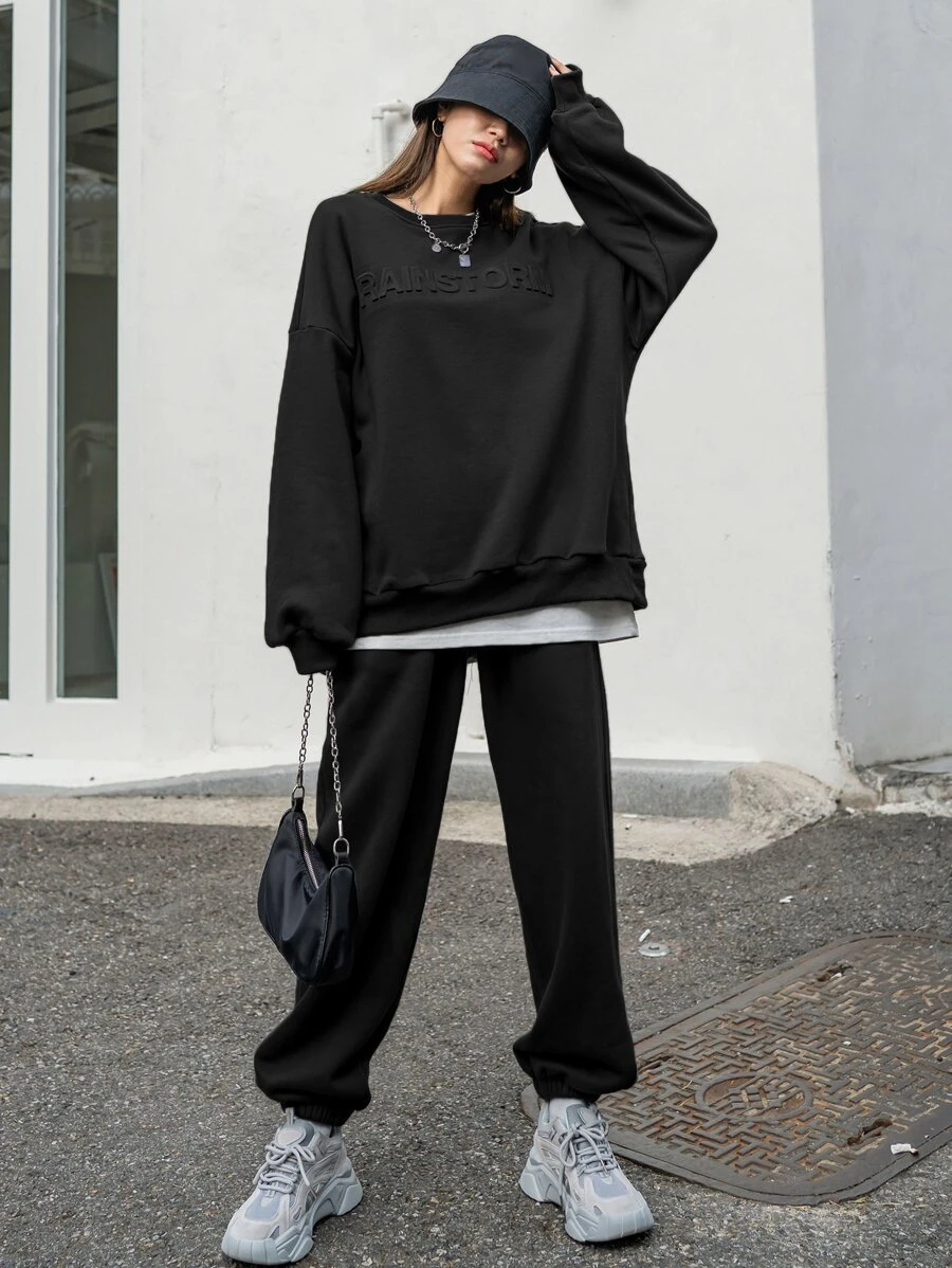 DAZY Letter Graphic Drop Shoulder Sweatshirt & Joggers Without Tee - Black - View 1