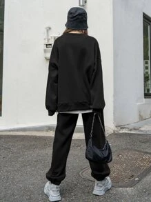 DAZY Letter Graphic Drop Shoulder Sweatshirt & Joggers Without Tee - Black - View 2