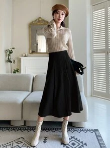 DAZY High Waist Plicated Detail Flared Skirt Fall