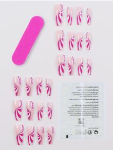 24入組長款棺材撞色假指甲和1張膠帶和1入組指甲銼 - 彩色 - 查看 2