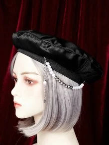 ROMWE Faux Pearl Decor Beret - Black - View 7