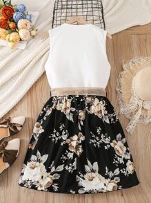 SHEIN 青少年女孩素色背心上衣和印花半身裙 - 黑與白 - 查看 2