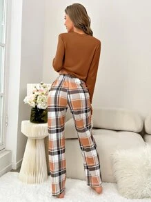 Cartoon Bear Print Tee & Plaid Pants PJ Set / Pajama Set