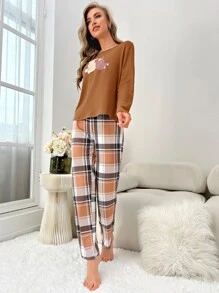 Cartoon Bear Print Tee & Plaid Pants PJ Set / Pajama Set