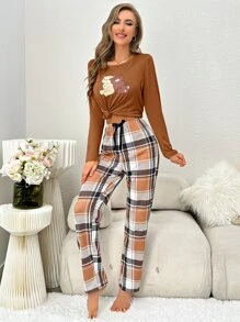 Cartoon Bear Print Tee & Plaid Pants PJ Set / Pajama Set