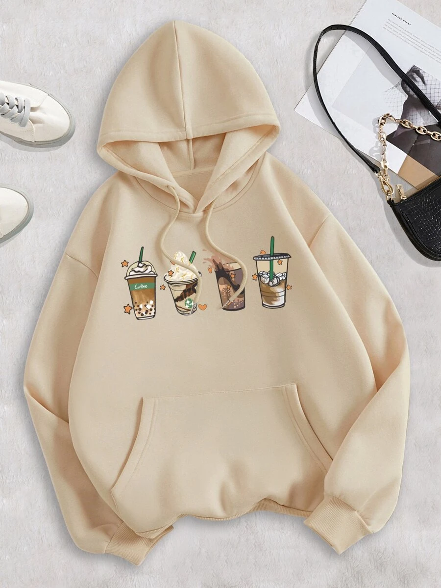 INAWLY Cartoon Graphic Kangaroo Pocket Drawstring Thermal Hoodie,Long Sleeve Tops - Apricot - View 1