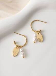 珍珠和橢圓形耳墜 - 金黃色 - 查看 1