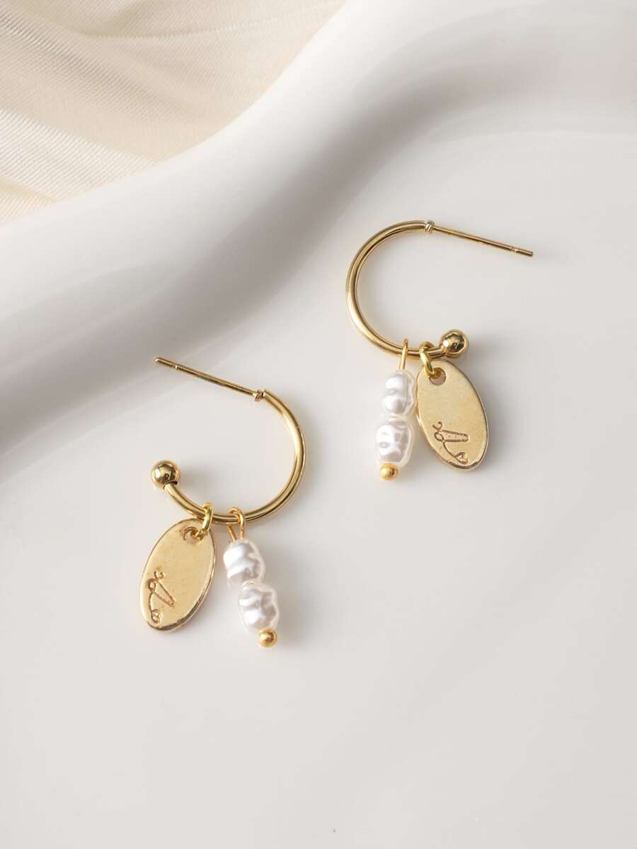 珍珠和橢圓形耳墜 - 金黃色 - 查看 1