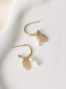 珍珠和橢圓形耳墜 - 金黃色 - 查看 2