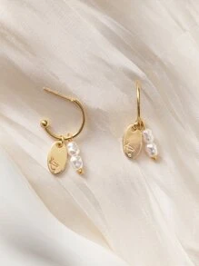 珍珠和橢圓形耳墜 - 金黃色 - 查看 3