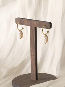 珍珠和橢圓形耳墜 - 金黃色 - 查看 5