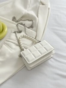 迷你壓花細節人造珍珠裝飾方包 - 白色 - 查看 2
