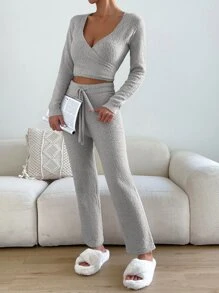 SHEIN Essnce 交疊領短款毛衣和腰部抽繩針織長褲 - 灰色 - 查看 3