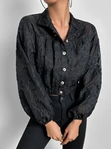 SHEIN Essnce Jacquard Lantern Sleeve Crop Jacket - Black - View 3