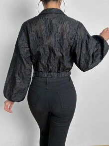 SHEIN Essnce Jacquard Lantern Sleeve Crop Jacket - Black - View 2
