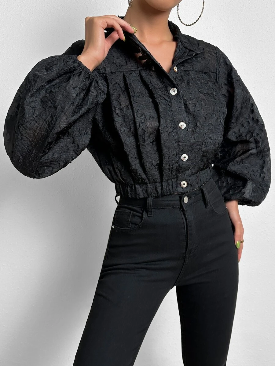 SHEIN Essnce Jacquard Lantern Sleeve Crop Jacket - Black - View 1