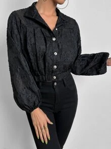SHEIN Essnce Jacquard Lantern Sleeve Crop Jacket - Black - View 6