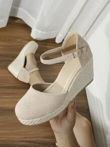 Faux Suede Ankle Strap Wedge Court Shoes - Beige - View 1