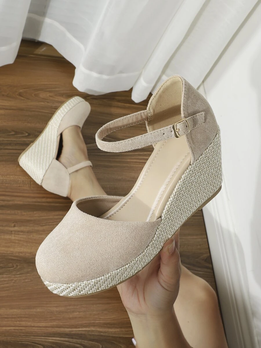 Faux Suede Ankle Strap Wedge Court Shoes - Beige - View 1