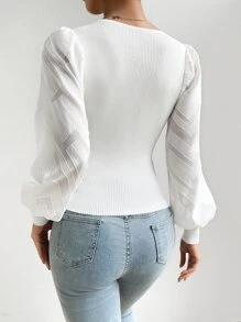 SHEIN Privé 前紐扣燈籠袖條紋針織套頭毛衣