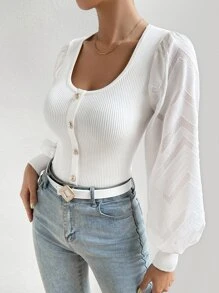 SHEIN Privé 前紐扣燈籠袖條紋針織套頭毛衣