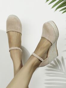 Faux Suede Ankle Strap Wedge Court Shoes - Beige - View 4