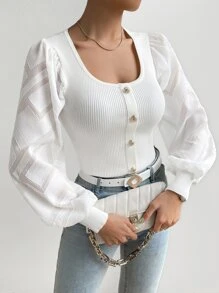 SHEIN Privé 前紐扣燈籠袖條紋針織套頭毛衣