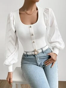 SHEIN Privé 前紐扣燈籠袖條紋針織套頭毛衣