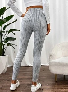 SHEIN Unity Leggings unicolor tejido de canalé - Gris Claro - Ver 3