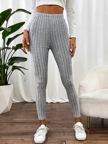 SHEIN Unity Leggings unicolor tejido de canalé - Gris Claro - Ver 4