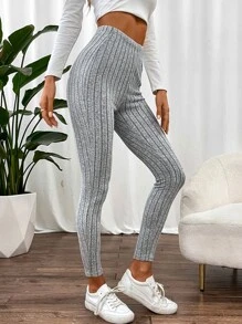 SHEIN Unity Leggings unicolor tejido de canalé - Gris Claro - Ver 5