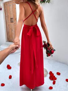 Chiquease Solid Criss Cross Tie Backless Cami Dress - Red - View 2