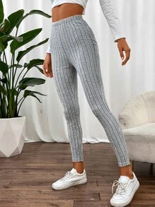 SHEIN Unity Leggings unicolor tejido de canalé - Gris Claro - Ver 1