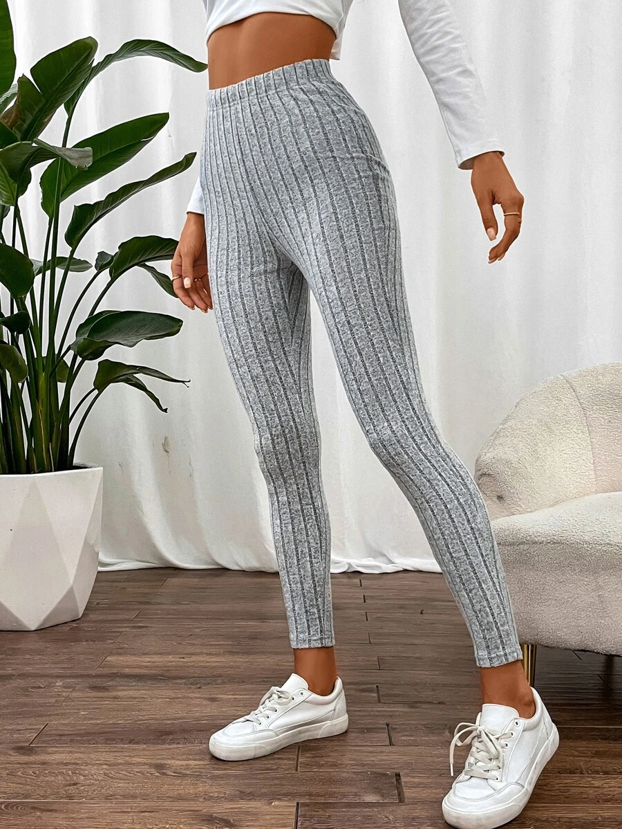 SHEIN Unity Leggings unicolor tejido de canalé - Gris Claro - Ver 1